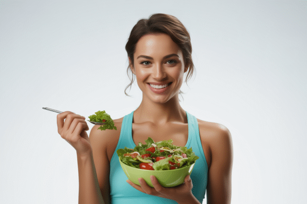 Woman holding salad, weight loss journey