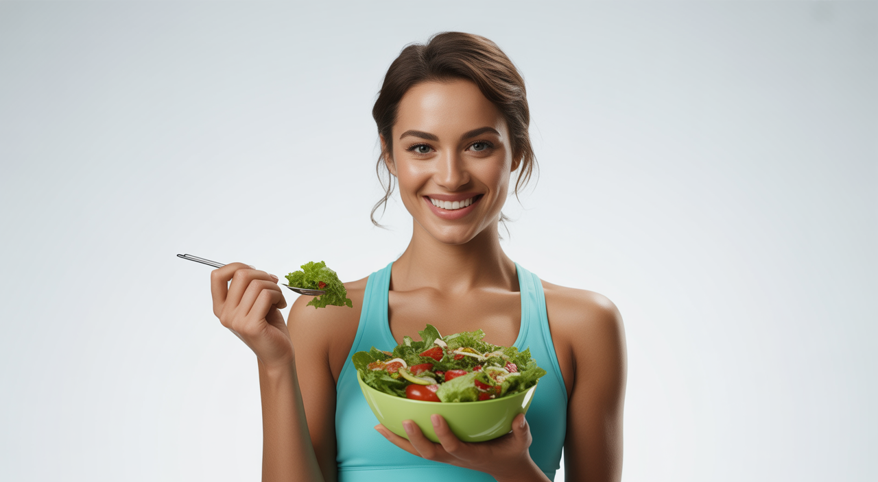 Woman holding salad, weight loss journey