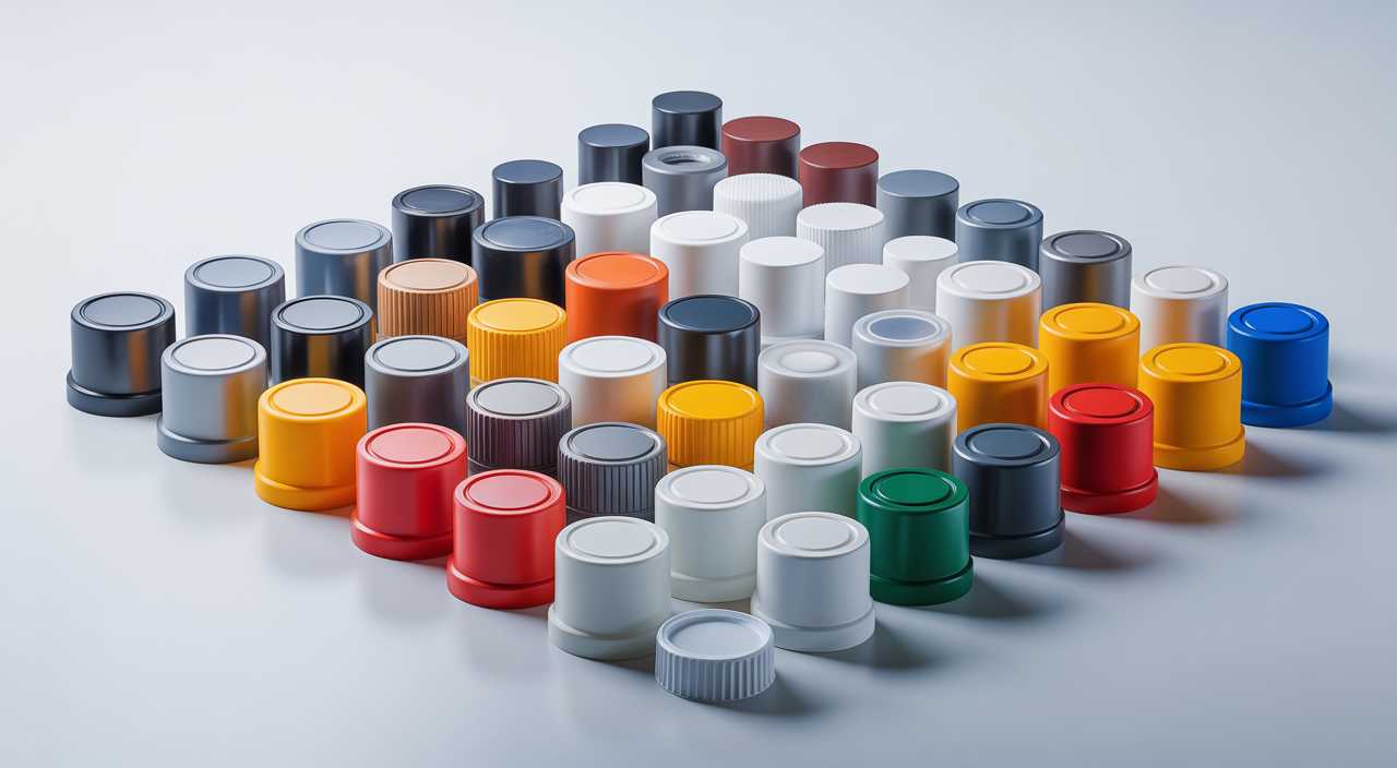 Assortment of high-quality plastic caps and closures, representing precision manufacturing and product integrity.