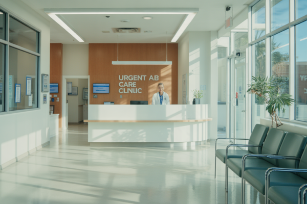 A welcoming, bright, and modern urgent care clinic reception area in Los Angeles, symbolizing quick and compassionate medical service.