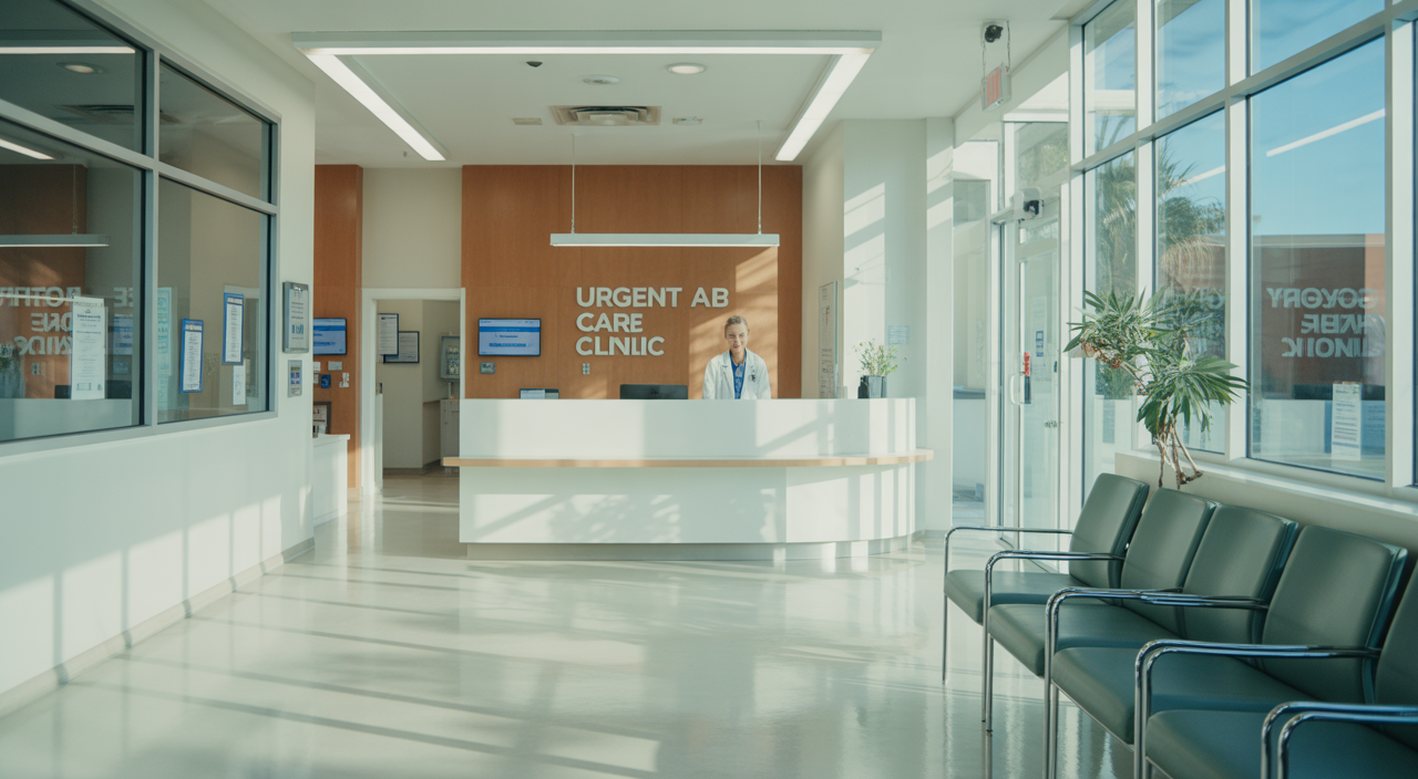A welcoming, bright, and modern urgent care clinic reception area in Los Angeles, symbolizing quick and compassionate medical service.