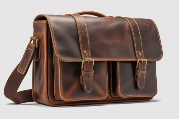 Mens vintage leather messenger bag on a white background, showcasing its durable full-grain leather and antique hardware.