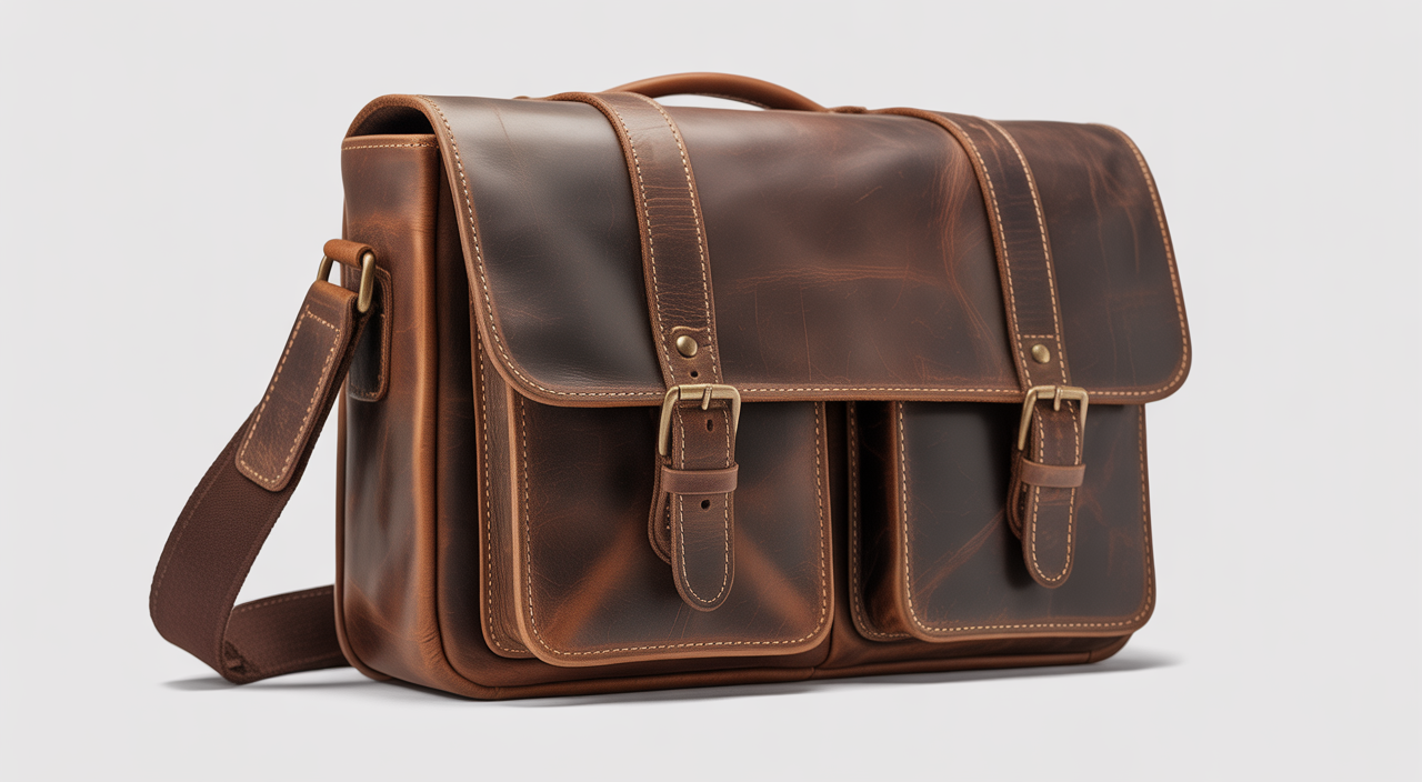 Mens vintage leather messenger bag on a white background, showcasing its durable full-grain leather and antique hardware.