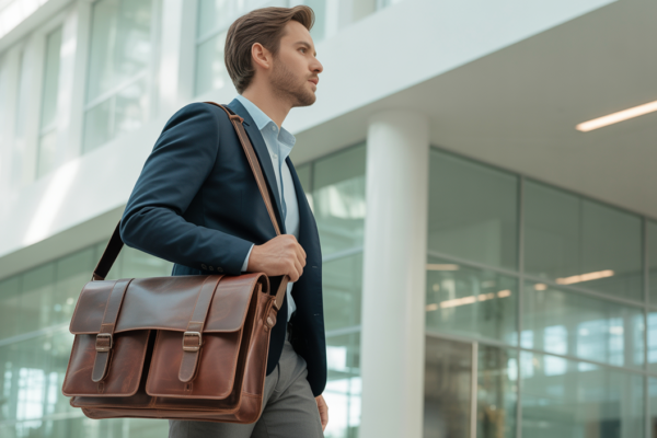 Stylish man with a premium vintage brown leather messenger bag in a modern office.