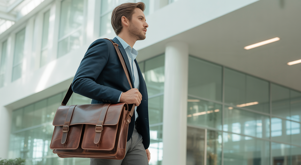 Stylish man with a premium vintage brown leather messenger bag in a modern office.