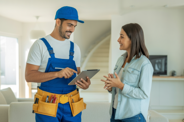 Professional handyman discussing transparent service and costs with a homeowner in a bright Dubai apartment.