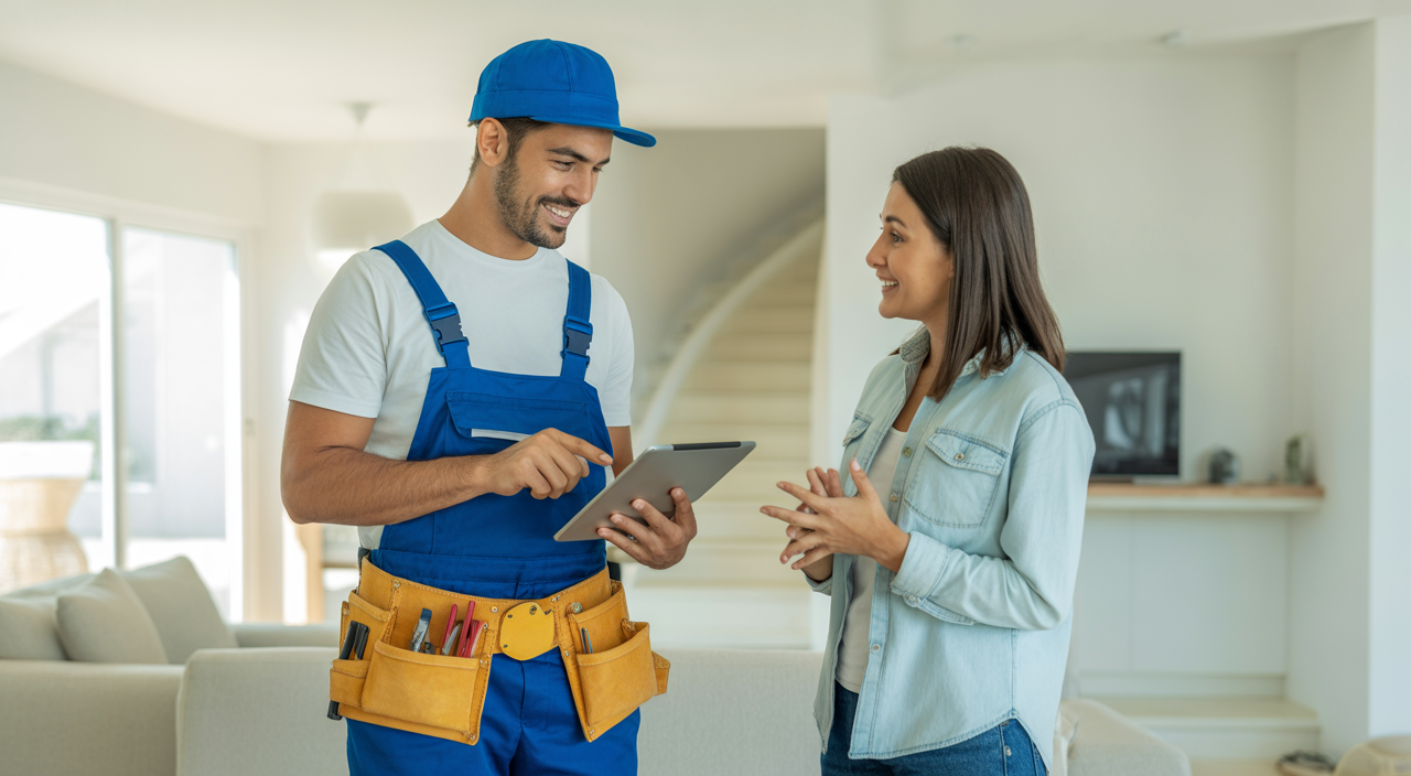 Professional handyman discussing transparent service and costs with a homeowner in a bright Dubai apartment.