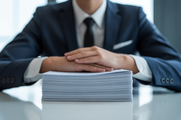Professional person confidently engaging with perfectly organized documents, representing the power of grammar and style editing for clear communication.