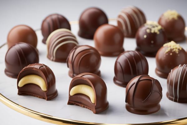 Assortment of gourmet chocolate truffles on a platter, showcasing rich textures and elegant presentation.