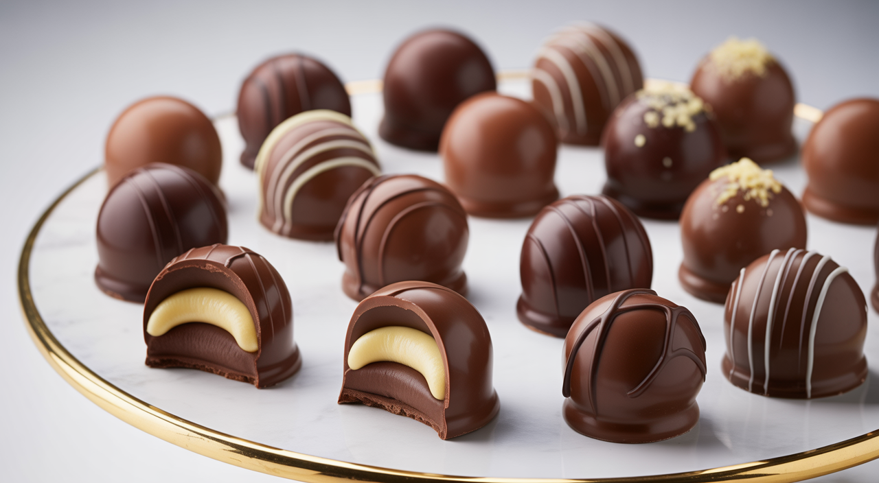 Assortment of gourmet chocolate truffles on a platter, showcasing rich textures and elegant presentation.