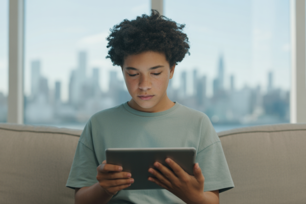 A young person (9-21) engaged in a virtual therapy session on a tablet, in a modern New York City apartment with a blurred city skyline view.