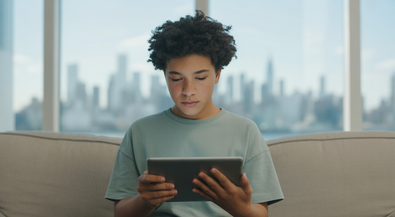 A young person (9-21) engaged in a virtual therapy session on a tablet, in a modern New York City apartment with a blurred city skyline view.