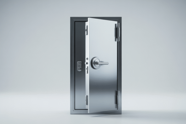 Modern high-security safe room door with robust handle, blending security with contemporary design.