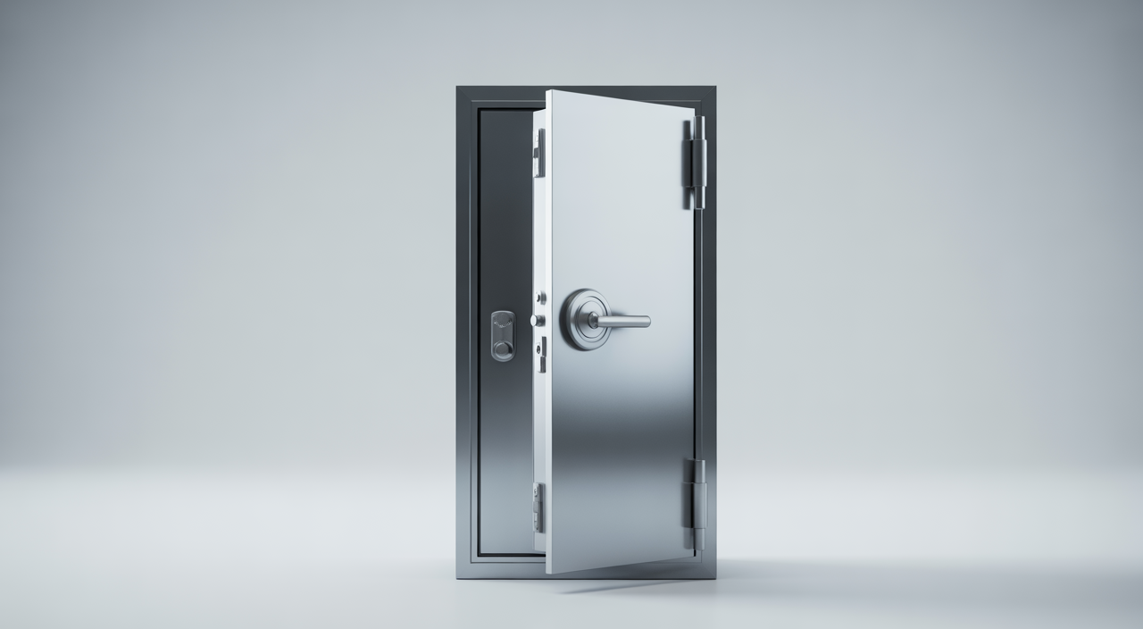 Modern high-security safe room door with robust handle, blending security with contemporary design.