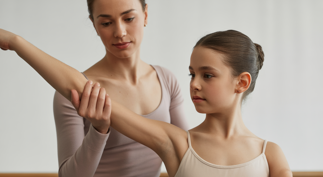 A ballet teacher demonstrating a pose to young students in a Toronto dance studio