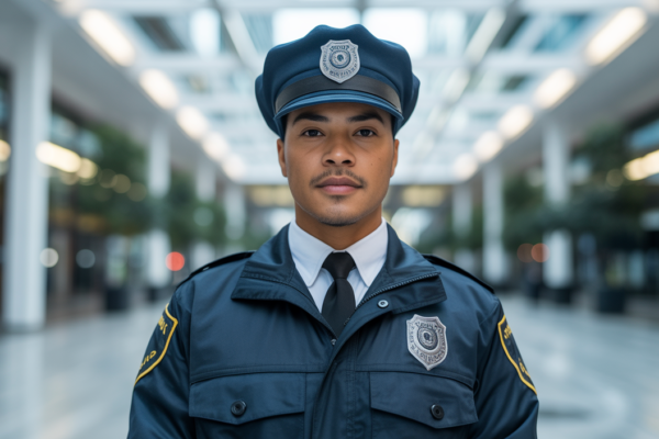 Professional security guard standing in a modern urban setting, representing trusted security services in Los Angeles