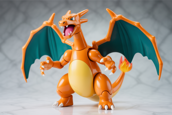 A professionally photographed, wide-angle shot of a rare, mint-in-sealed-box Charizard Pokémon action figure, emphasizing its pristine condition and collectible value on a white background.