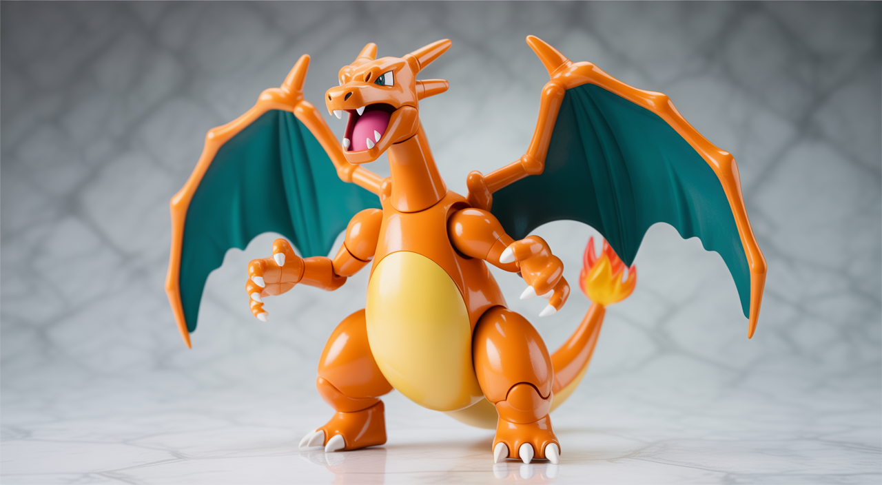 A professionally photographed, wide-angle shot of a rare, mint-in-sealed-box Charizard Pokémon action figure, emphasizing its pristine condition and collectible value on a white background.