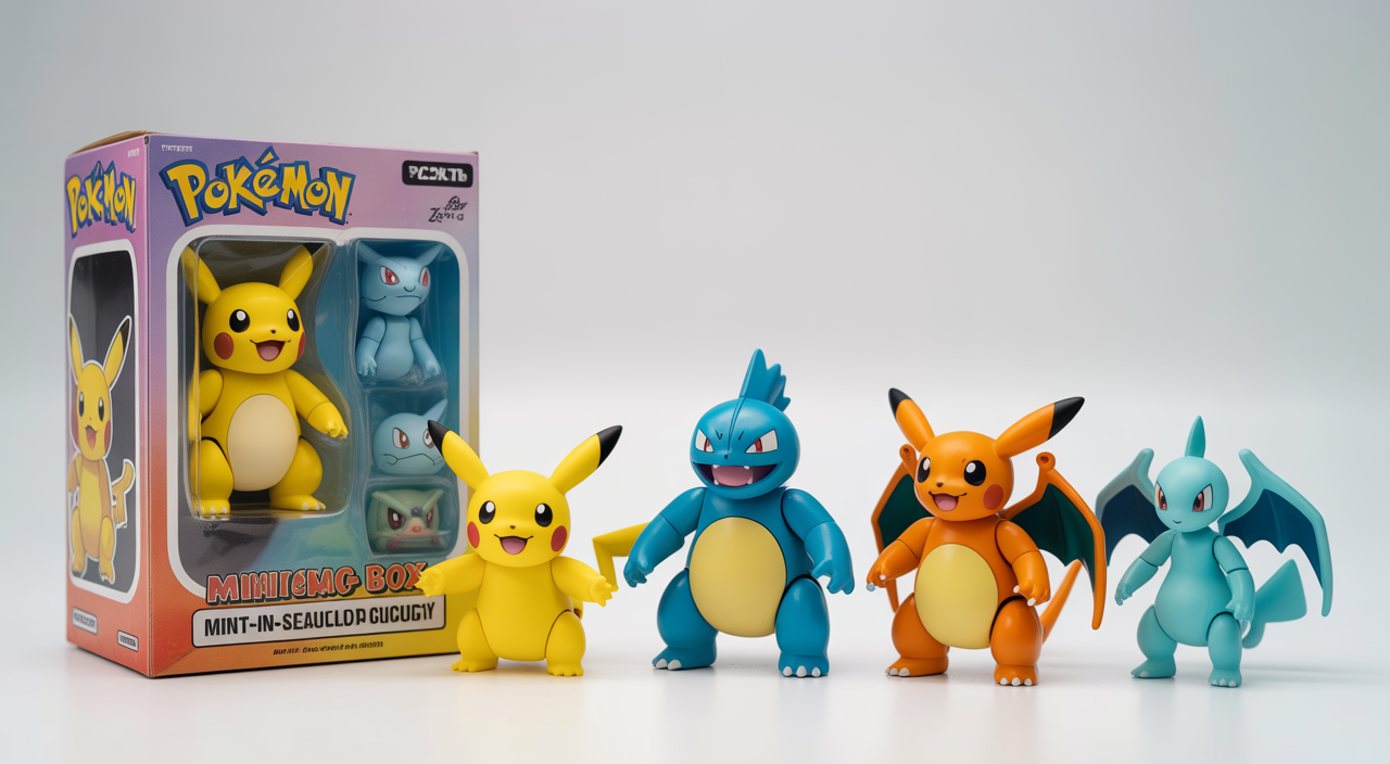 A detailed view of several Pokémon Moncolle figures, showcasing their intricate designs and vibrant colors, some appearing to be rare variants in various poses.