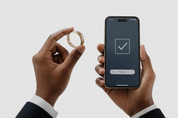 Hands holding a gold ring and a smartphone displaying a verification screen, symbolizing online gold hallmark check