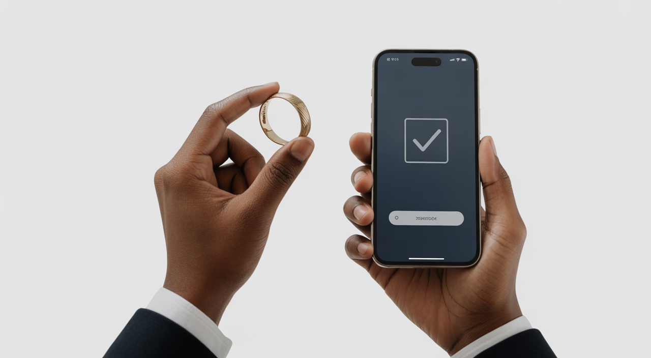 Hands holding a gold ring and a smartphone displaying a verification screen, symbolizing online gold hallmark check