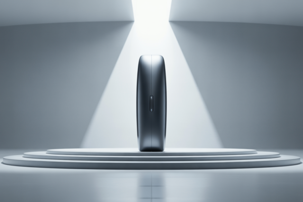 A sleek new product being unveiled on a bright stage, symbolizing a product launch event.