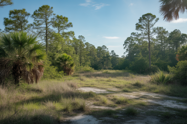 Wide-angle shot of undeveloped land in Florida with native plants under a clear sky, symbolizing affordable land ownership opportunities.