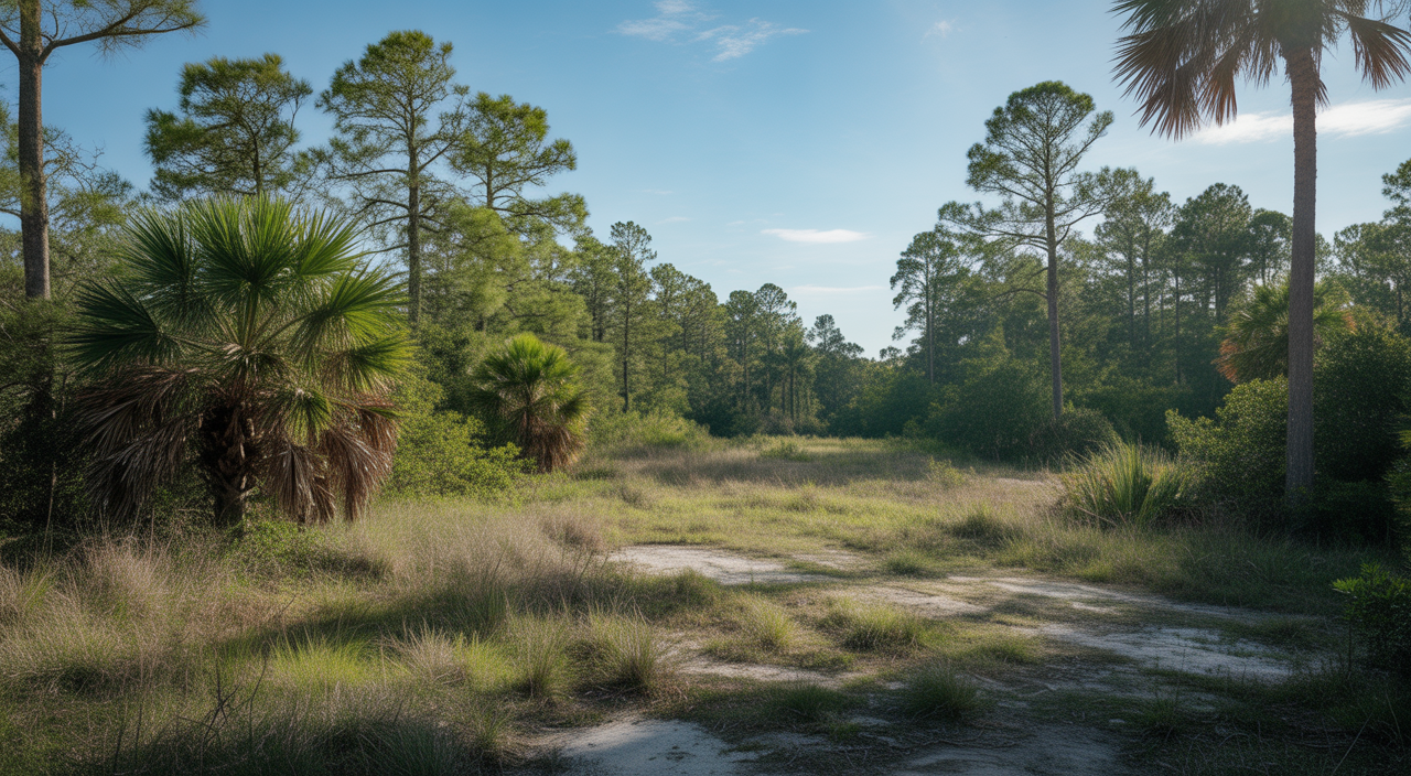 Wide-angle shot of undeveloped land in Florida with native plants under a clear sky, symbolizing affordable land ownership opportunities.