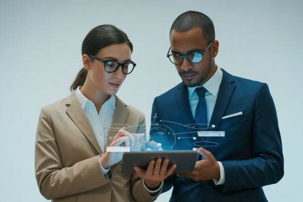 Two diverse business professionals collaborating on a tablet for ecommerce web design strategy