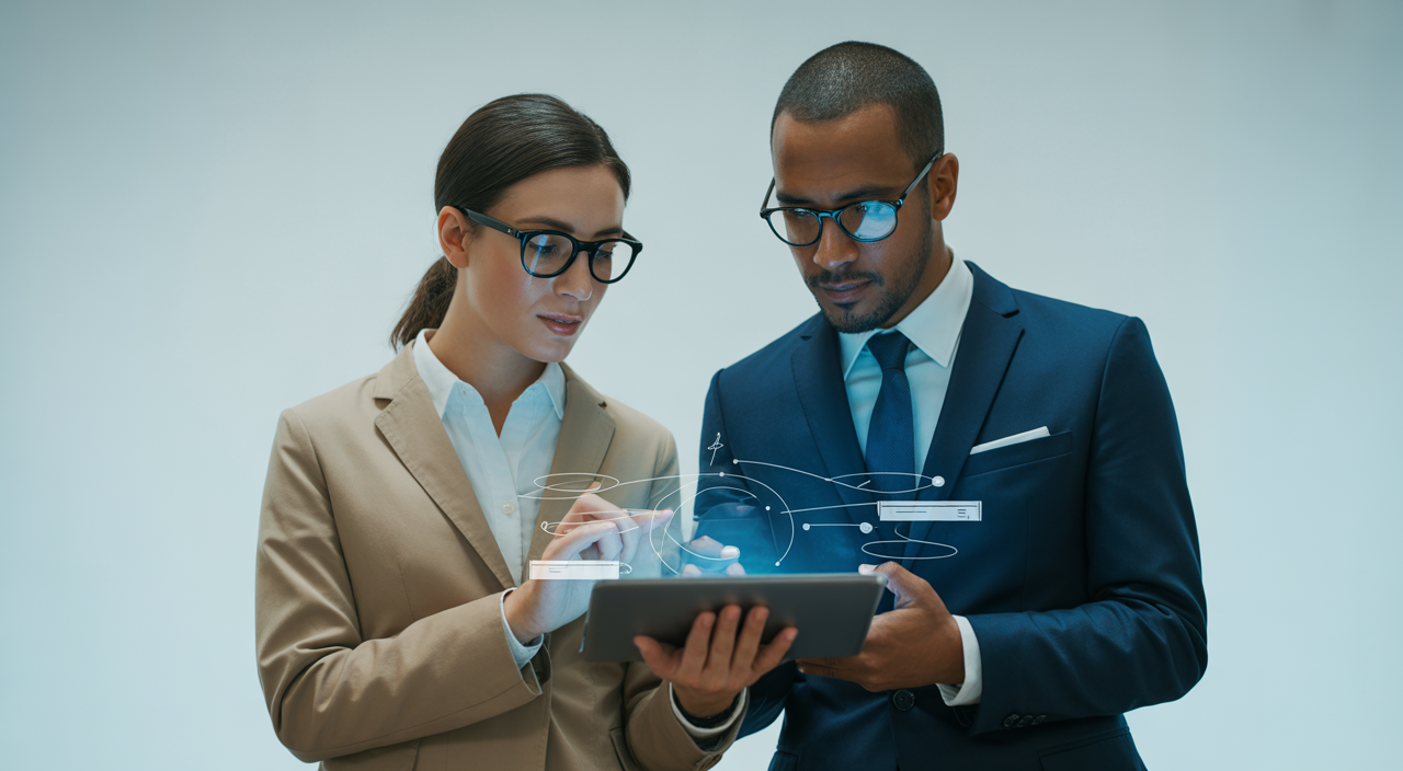 Two diverse business professionals collaborating on a tablet for ecommerce web design strategy