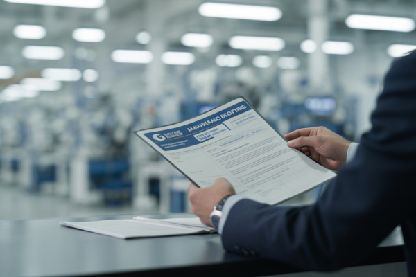 Person reviewing manufacturing license documents on a desk with an Indian factory in the background.