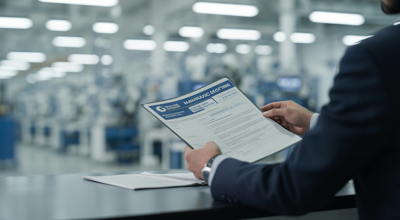 Person reviewing manufacturing license documents on a desk with an Indian factory in the background.
