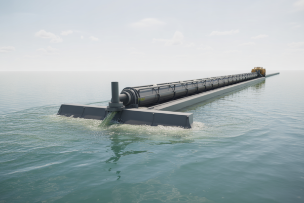 Modern wastewater dredge machine operating in a large industrial lagoon, demonstrating efficient sludge removal.