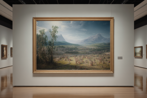 LED art lighting enhancing both a large painting and a miniature diorama scene