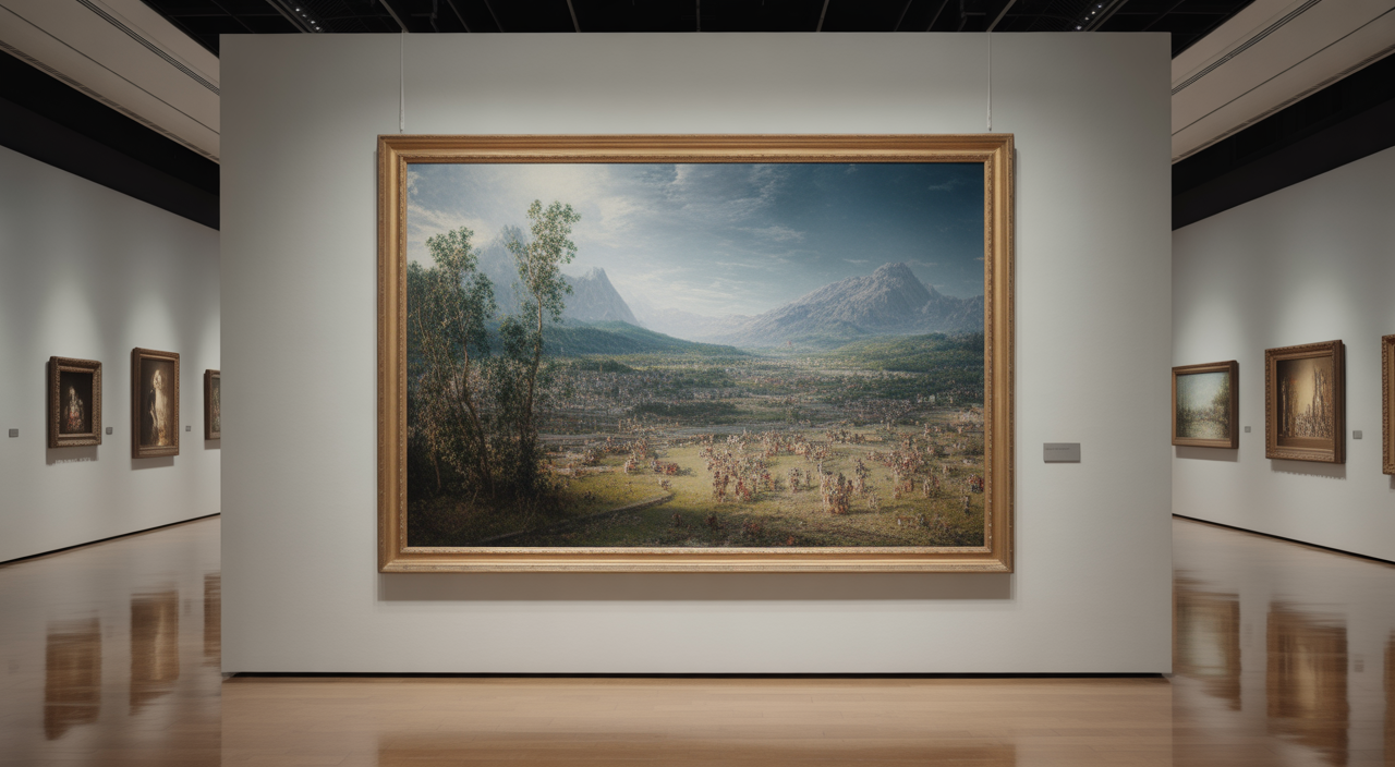 LED art lighting enhancing both a large painting and a miniature diorama scene