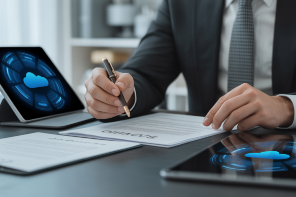 Professional attorney reviewing SaaS contracts on a digital tablet and paper documents, symbolizing legal protection for cloud services.