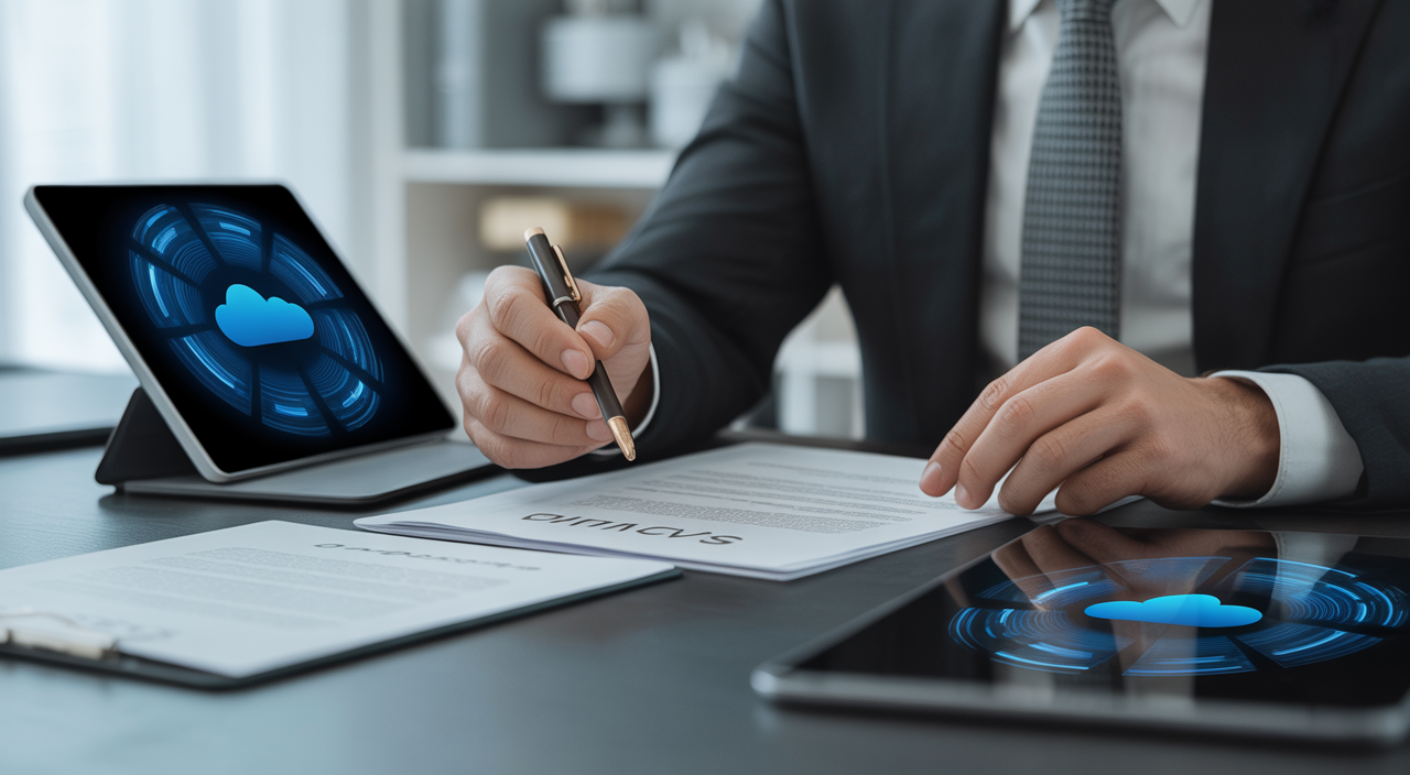 Professional attorney reviewing SaaS contracts on a digital tablet and paper documents, symbolizing legal protection for cloud services.