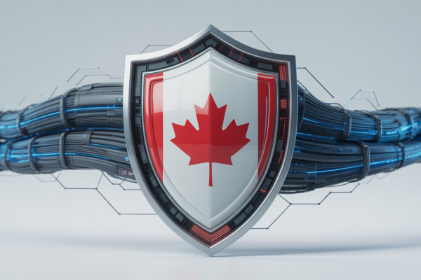 Professional image of a digital shield protecting a Canadian business network, symbolizing cybersecurity protection and resilience.