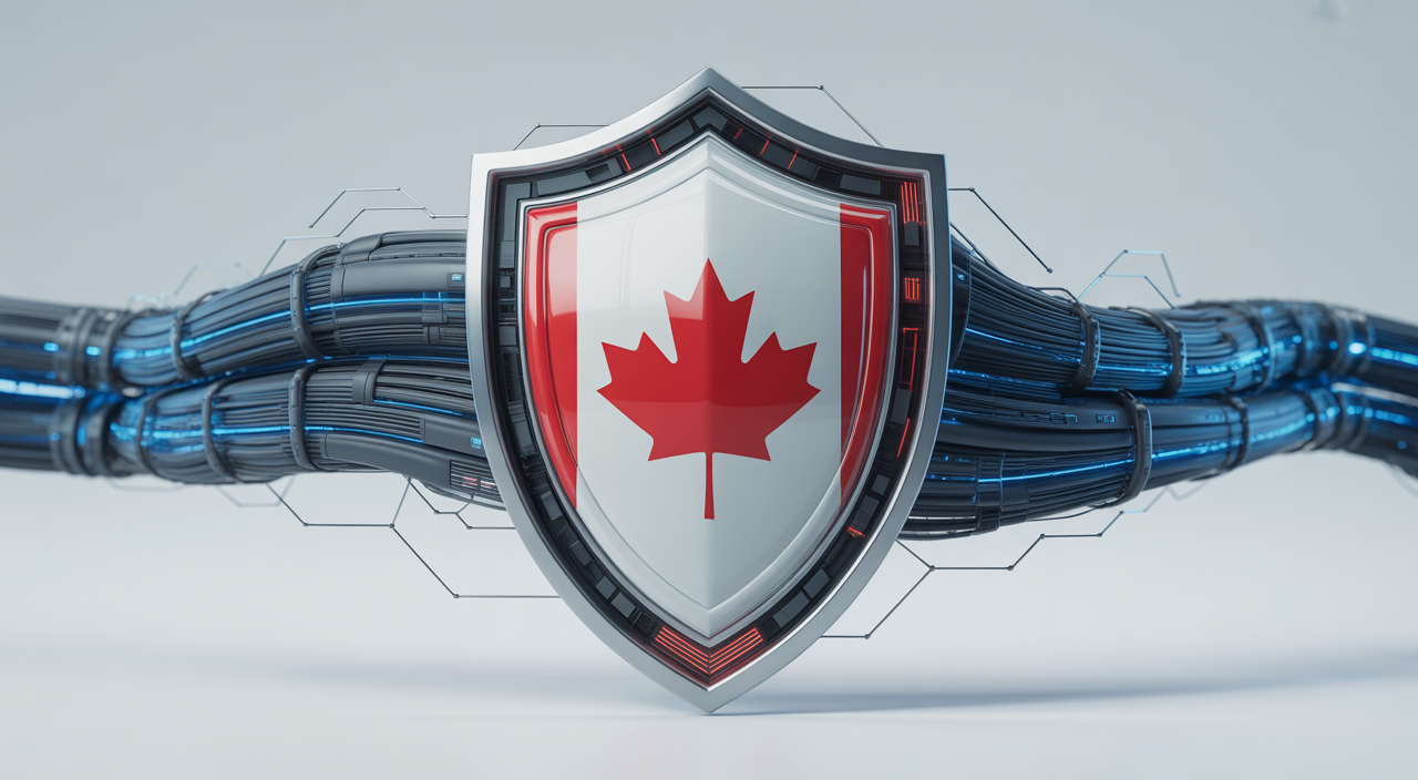 Professional image of a digital shield protecting a Canadian business network, symbolizing cybersecurity protection and resilience.
