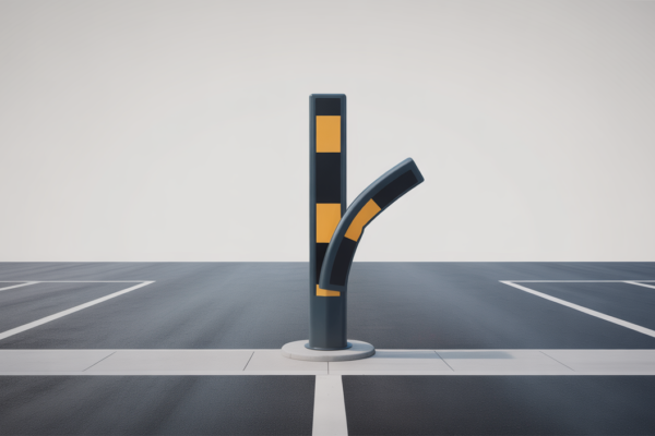 Flexible sign post bollard bending on impact in a modern Canadian parking lot, illustrating traffic safety and damage prevention.