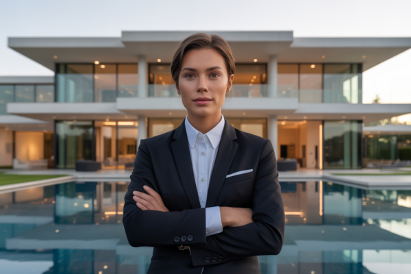 A confident luxury real estate broker standing in front of a modern mansion at sunset, symbolizing success in high-end property sales.
