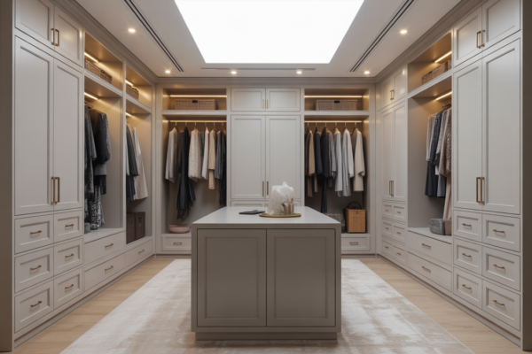 Luxurious fitted dressing room with bespoke cabinetry, island unit, and integrated lighting, demonstrating elegant organization and maximal space utilization.