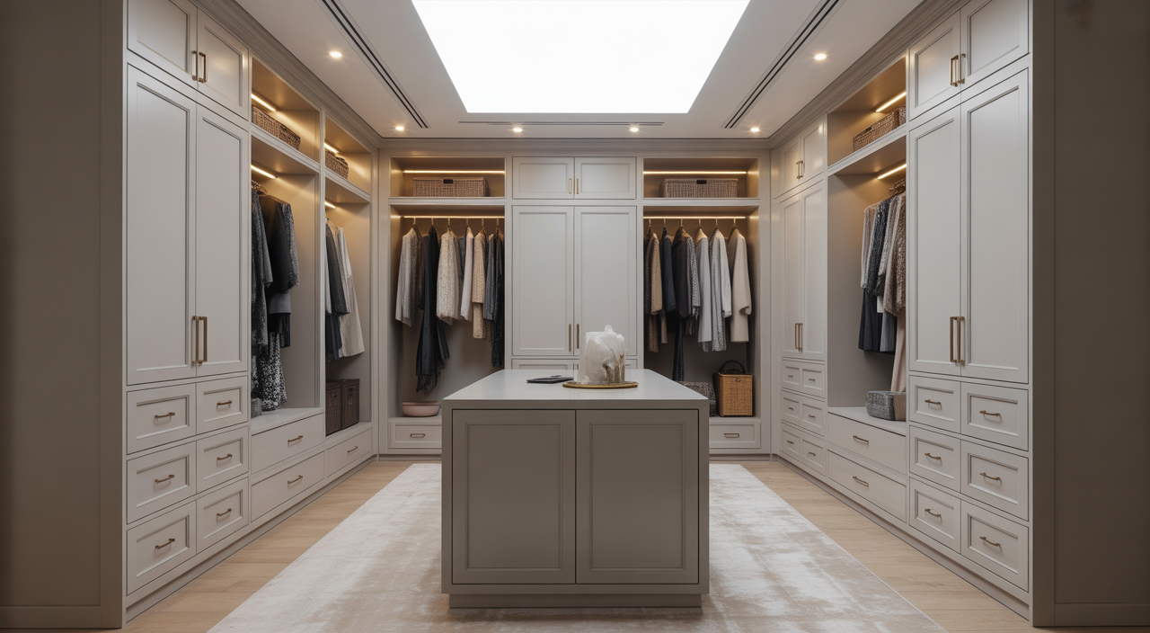 Luxurious fitted dressing room with bespoke cabinetry, island unit, and integrated lighting, demonstrating elegant organization and maximal space utilization.