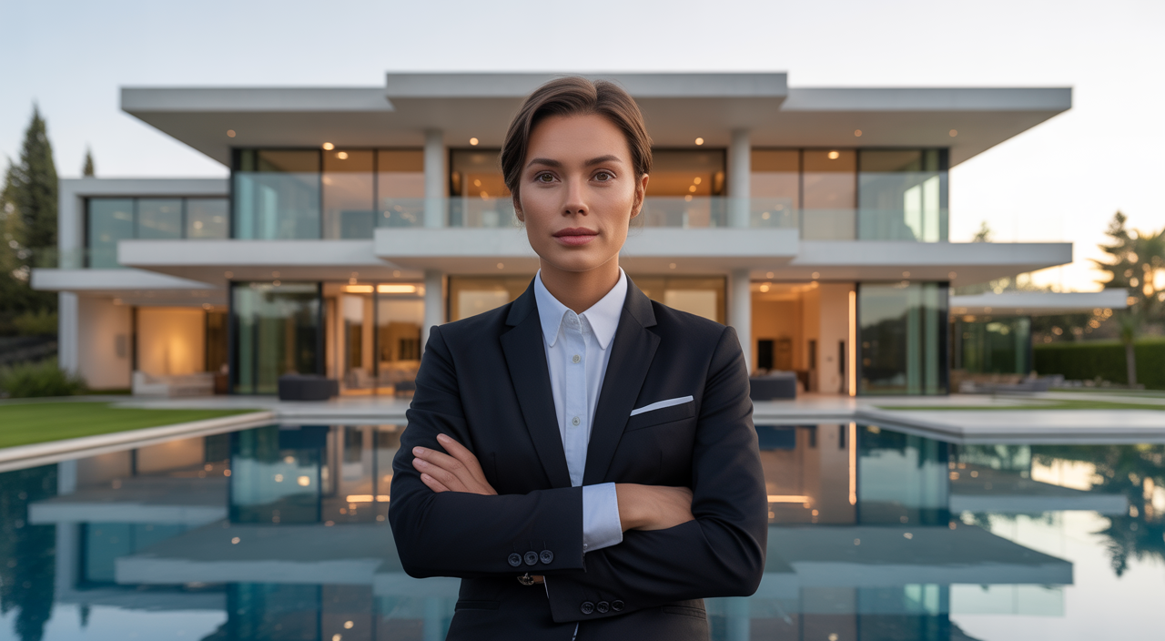 A confident luxury real estate broker standing in front of a modern mansion at sunset, symbolizing success in high-end property sales.