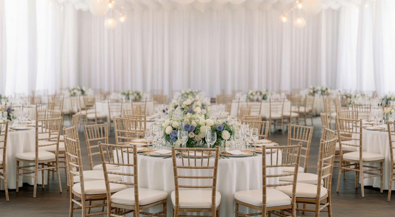 Luxurious wedding reception setup in Virginia with elegant tables and premium chairs on a neutral background
