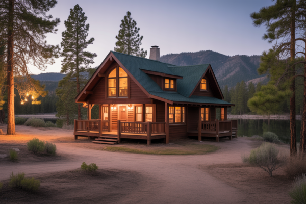 Cozy cabin rental in Big Bear Lake with scenic mountain and pine tree surroundings at twilight