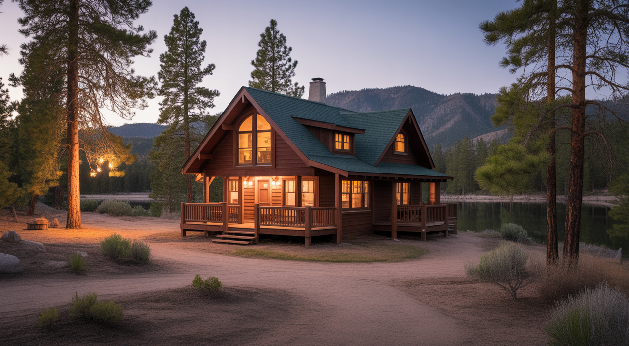 Cozy cabin rental in Big Bear Lake with scenic mountain and pine tree surroundings at twilight