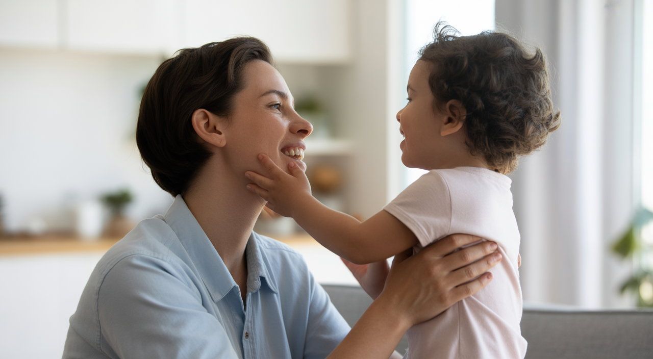 Caring parent engaging positively with child in a bright home environment illustrating ABA therapy parent training