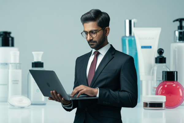 Indian business professional using laptop for regulatory compliance with cosmetics and medical devices on white background