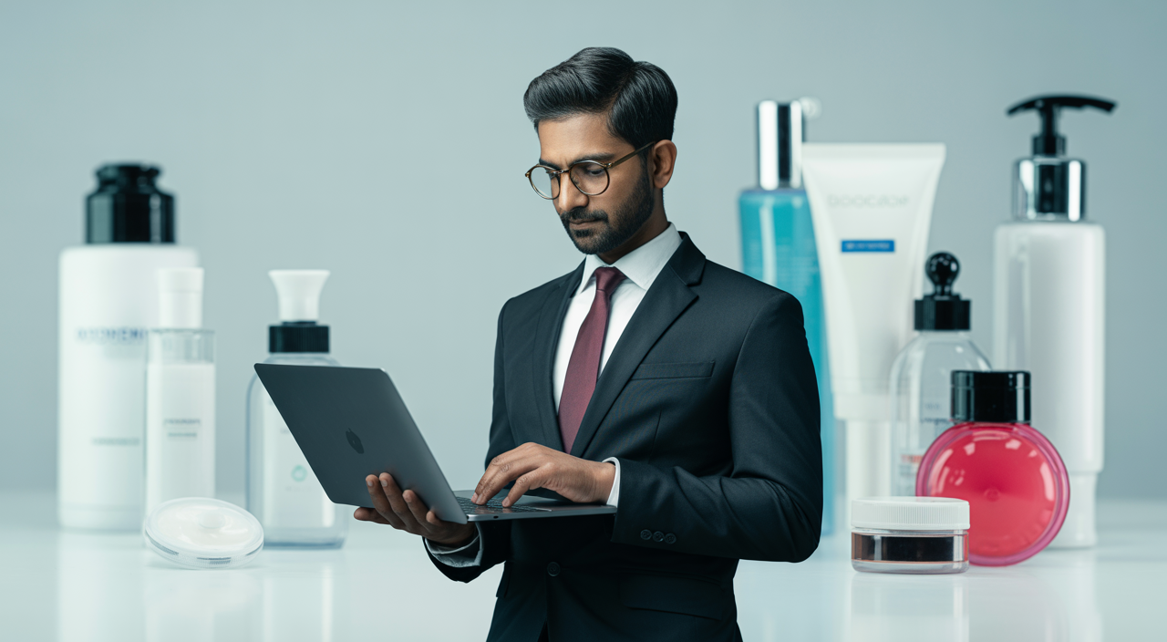 Indian business professional using laptop for regulatory compliance with cosmetics and medical devices on white background